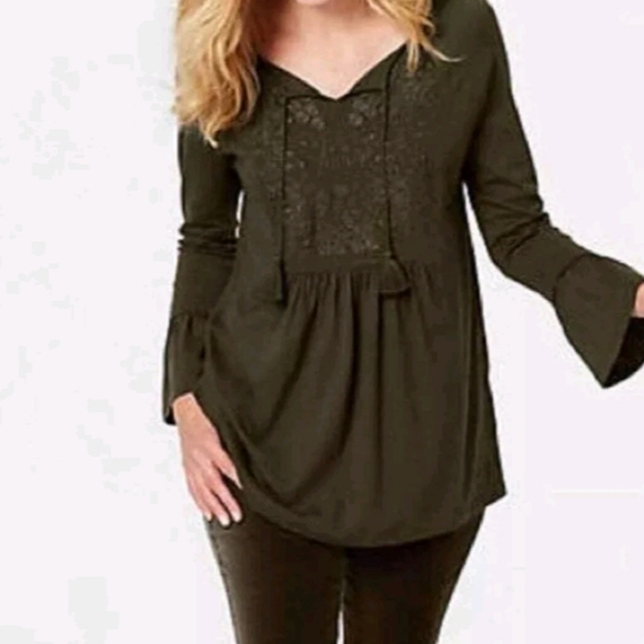 J Jill Women's Size L Pine Green Embroidered Tassel Tie Bell Sleeve Peplum Top - Picture 1 of 16